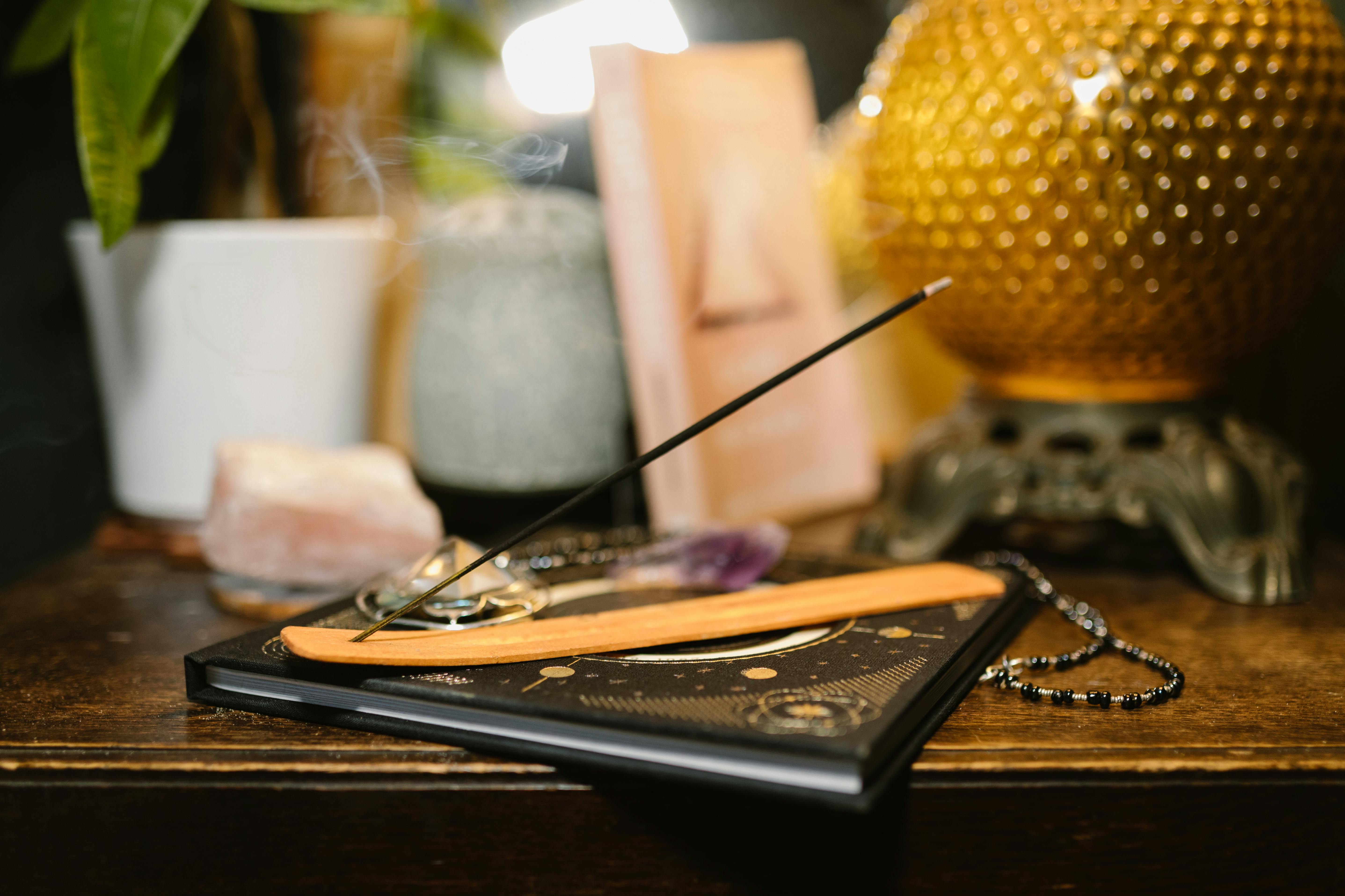 Astrology table with incense and crystals